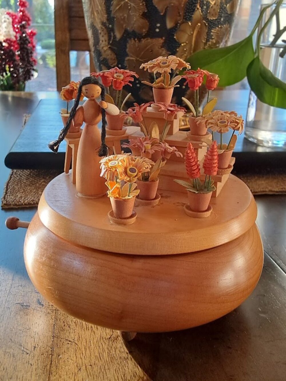 Vintage Wooden Reuge Music Box - Hand-carved Flower Market Stand